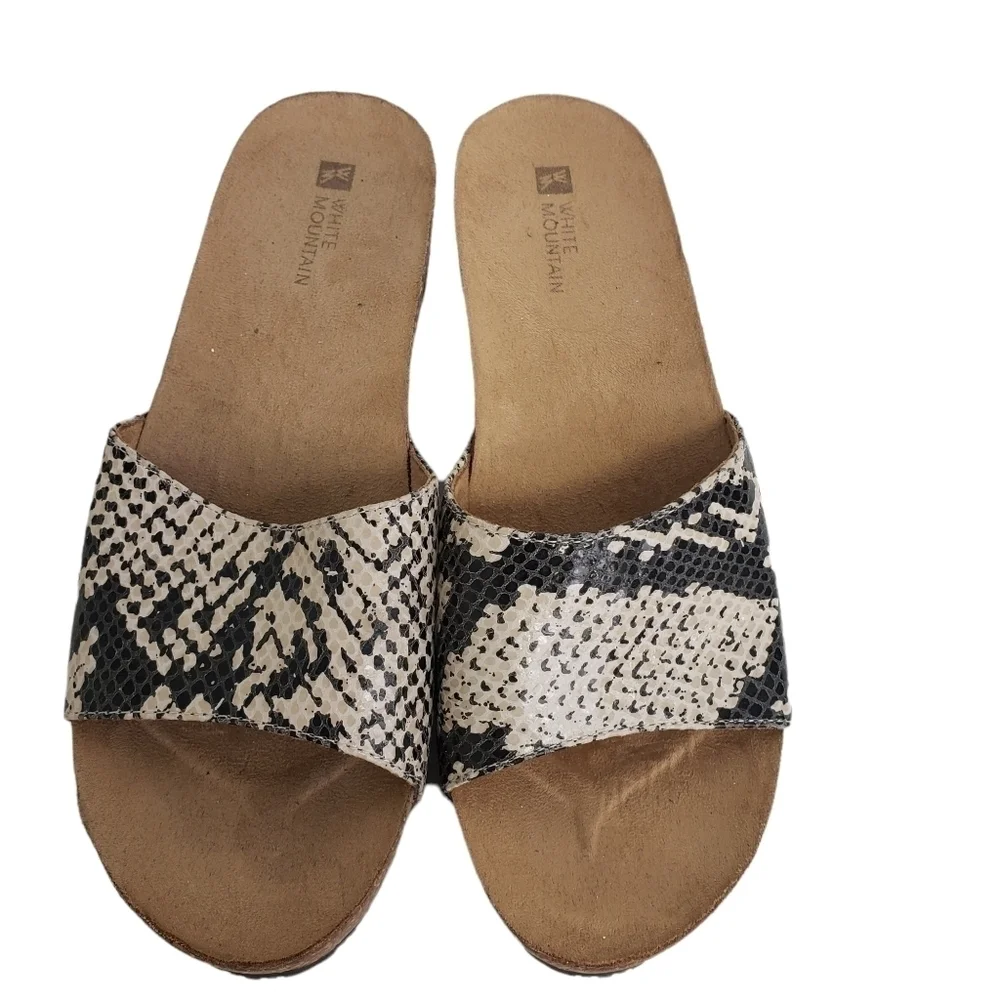 STONE Mountain Leather Snake Print Platform Slides 8M Cream Tan Black EUC